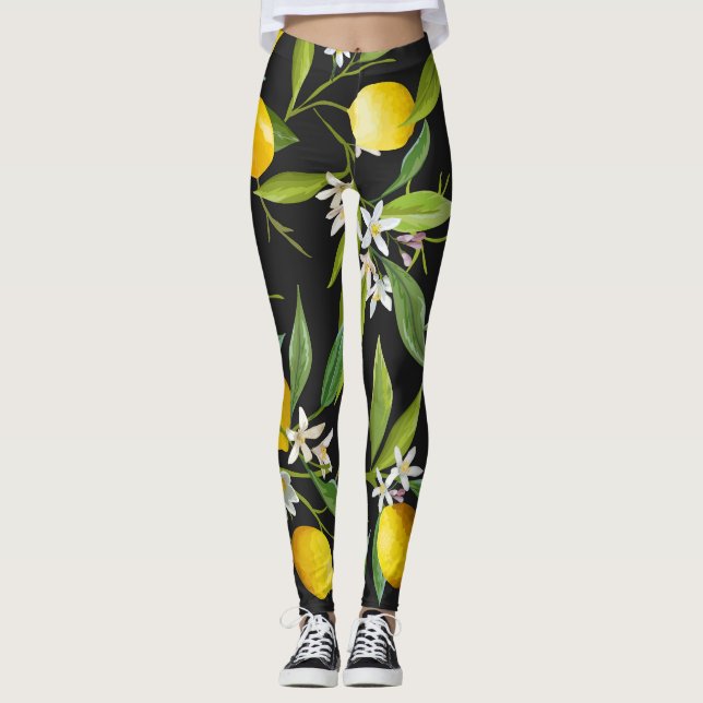 Floral Lemon Fruits Vintage Pattern Leggings (Front)