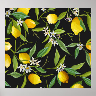 Floral Lemon Fruits Vintage Pattern Poster