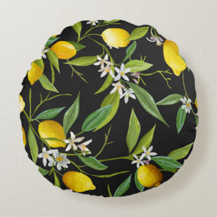 Floral Lemon Fruits Vintage Pattern Round Cushion
