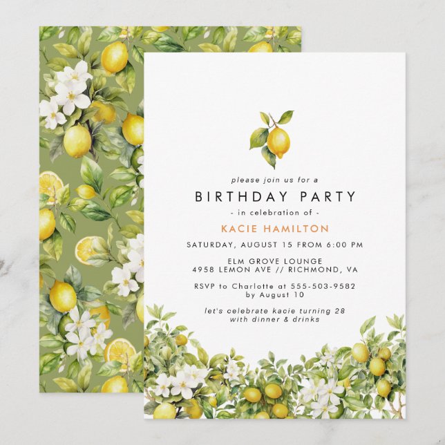 Floral Lemon | Fun Bright Yellow Adult Birthday Invitation (Front/Back)