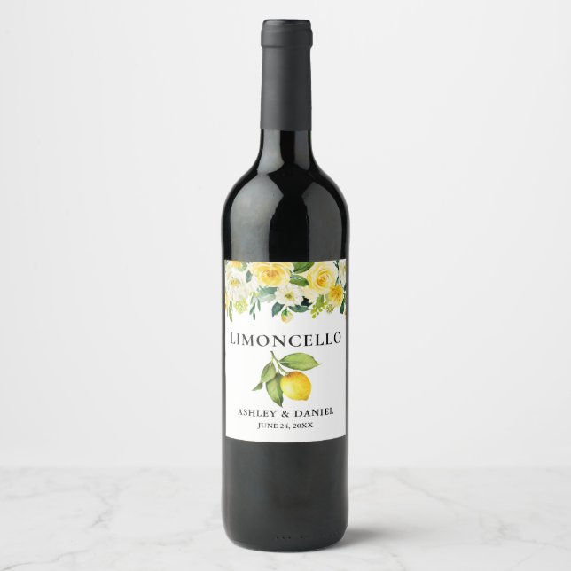 Floral Lemon Limoncello Wedding Bottle Label (Front)
