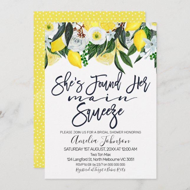 Floral lemon main squeeze bridal shower invitation (Front/Back)