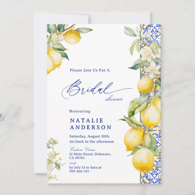 Floral Lemon Mediterranean Blue Tile Bridal Shower Invitation (Front)