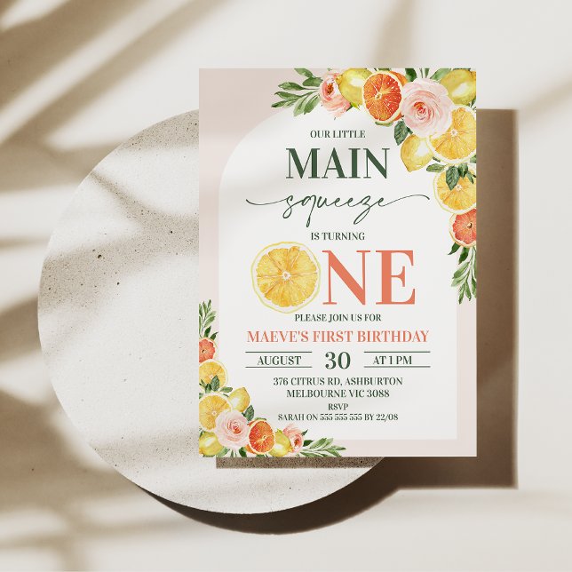 Floral Lemon Orange Our Main Squeeze 1st Birthday  Invitation (Our main squeeze is turning one 1st birthday invitation featuring lemons, oranges and flowers.)