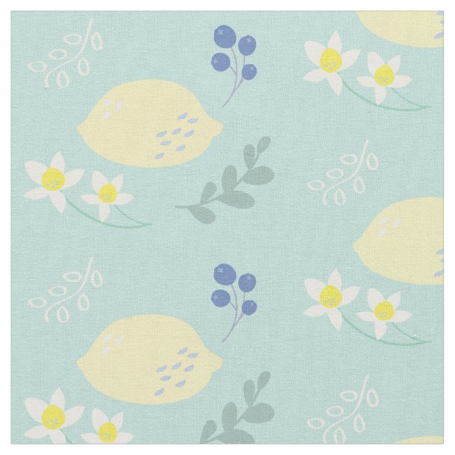 Floral Lemon Pattern Mint Green Fabric (Close Up)