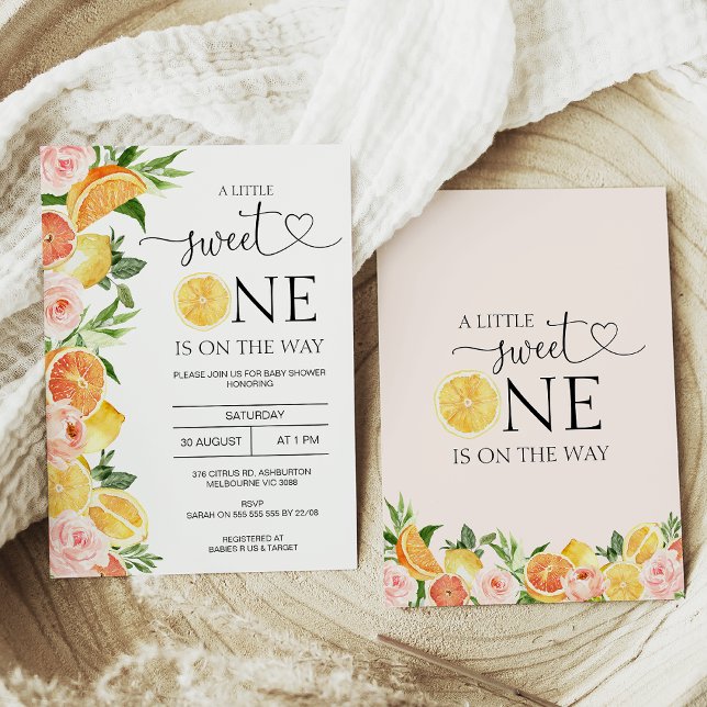 Floral Lemons Orange Little Sweet One Baby Shower  Invitation (Citrus themed a little sweet one baby shower invitation with lemons, oranges, and pink flowers.)