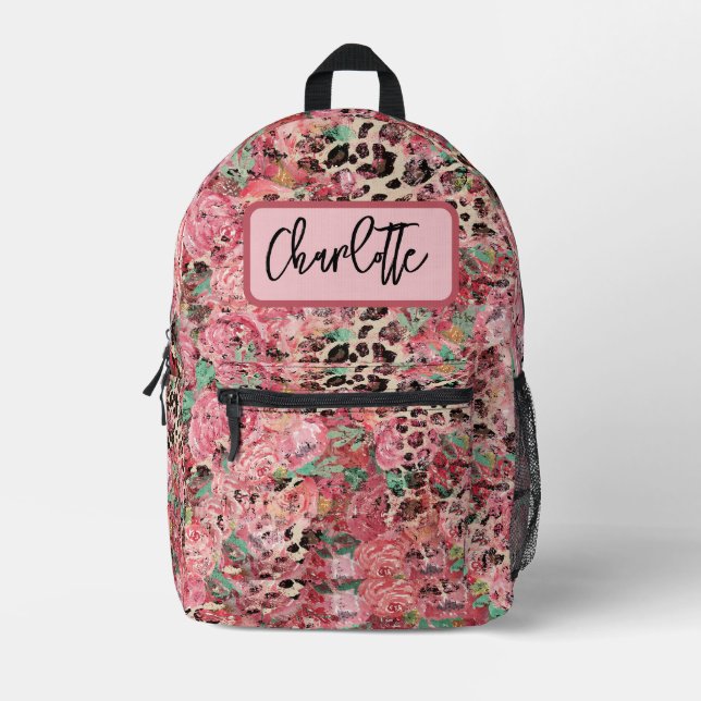 Floral Leopard Print Name Backpack (Front)