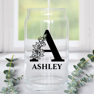 Floral Letter A Monogram and Personalised Name Can Glass