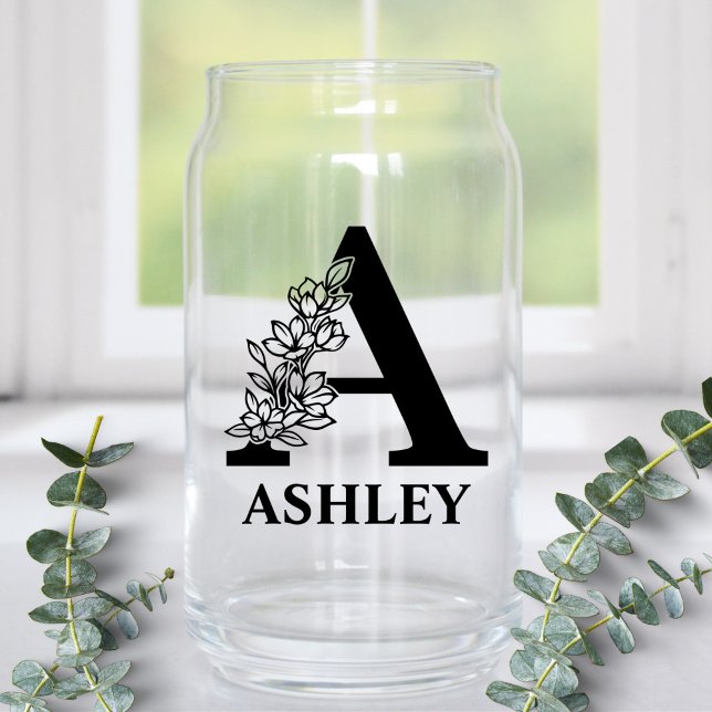Floral Letter A Monogram and Personalised Name Can Glass (Creator Uploaded)