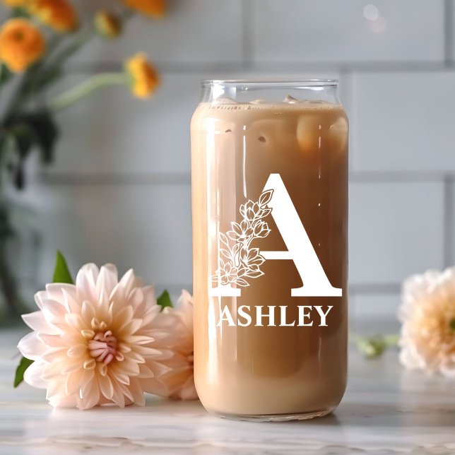 Floral Letter A Monogram Personalised Name White Can Glass (Creator Uploaded)