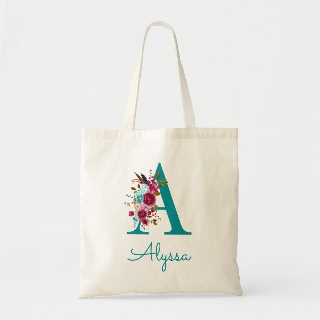 Floral Letter A Script Monogram Teal Pink Tote Bag (Front)