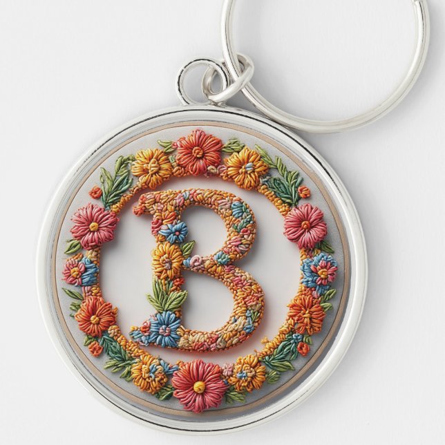 Floral Letter B Monogram Design Key Ring (Front)