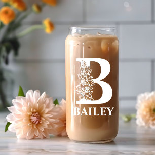 Floral Letter B Monogram Personalised Name White Can Glass