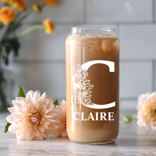 Floral Letter C Monogram Personalised Name White Can Glass