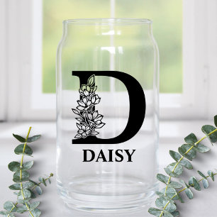 Floral Letter D Monogram and Personalised Name Can Glass