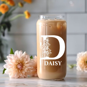 Floral Letter D Monogram Personalised Name White Can Glass