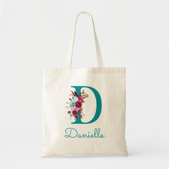 Floral Letter D Script Monogram Teal Pink Tote Bag (Front)