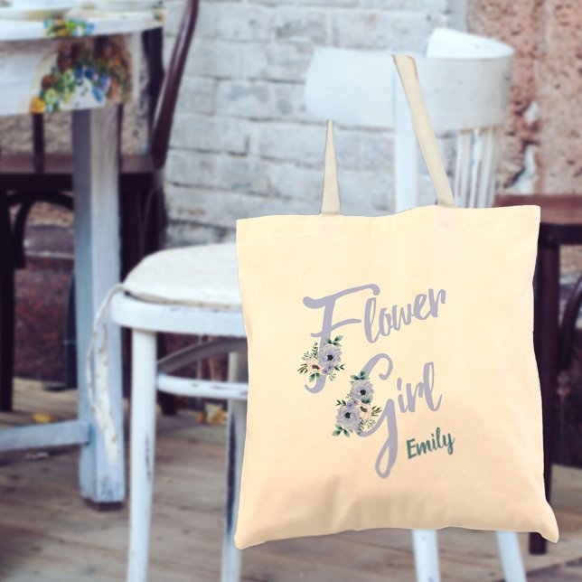 Floral Letter Dusty Blue Personalized Flower Girl Tote Bag (Creator Uploaded)