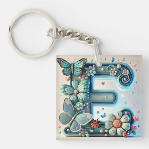 🦋 Floral Letter E Butterfly Accent 🌸 Key Ring