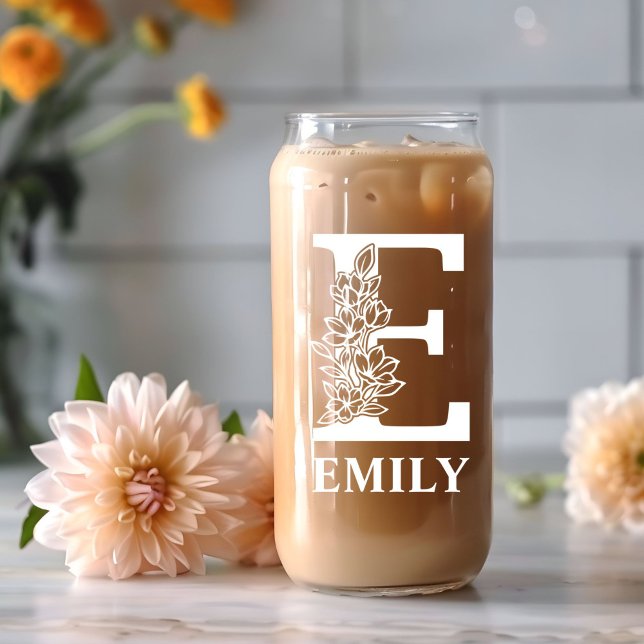 Floral Letter E Monogram Personalised Name White Can Glass (Creator Uploaded)