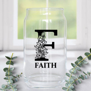 Floral Letter F Monogram and Personalised Name Can Glass