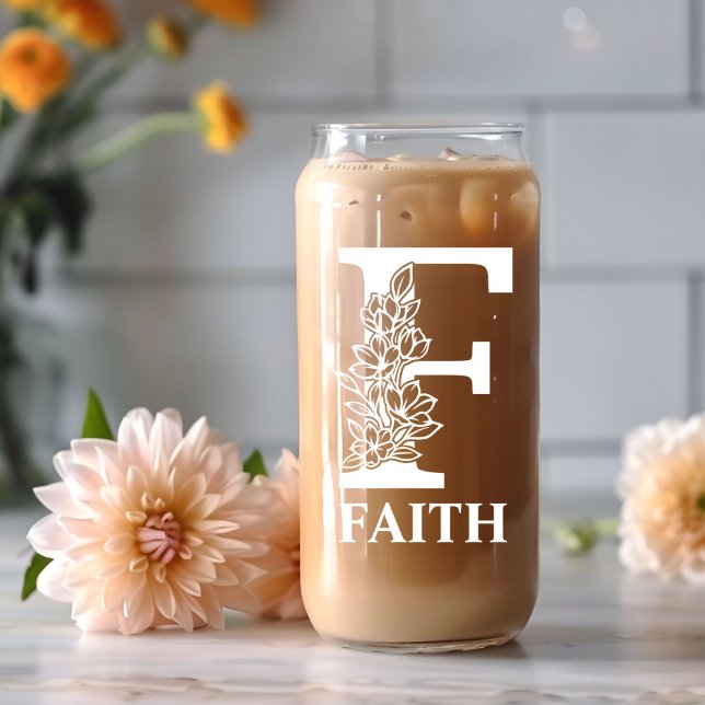 Floral Letter F Monogram Personalised Name White Can Glass (Creator Uploaded)
