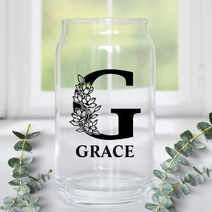 Floral Letter G Monogram and Personalised Name Can Glass