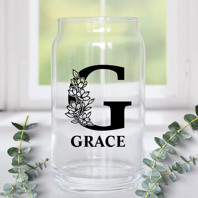 Floral Letter G Monogram and Personalised Name Can Glass (Creator Uploaded)