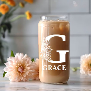 Floral Letter G Monogram Personalised Name White Can Glass