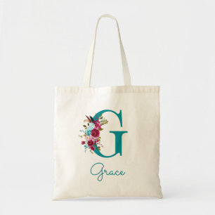 Floral Letter G Script Monogram Teal Pink Tote Bag