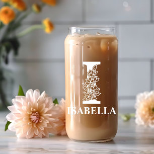 Floral Letter I Monogram Personalised Name White Can Glass