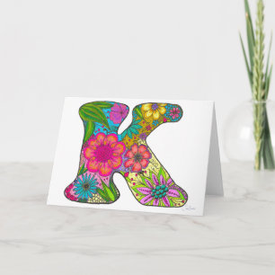 Floral Letter K Greeting Card - Blank Inside