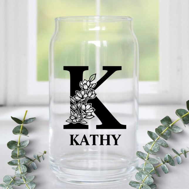 Floral Letter K Monogram and Personalised Name Can Glass (Creator Uploaded)