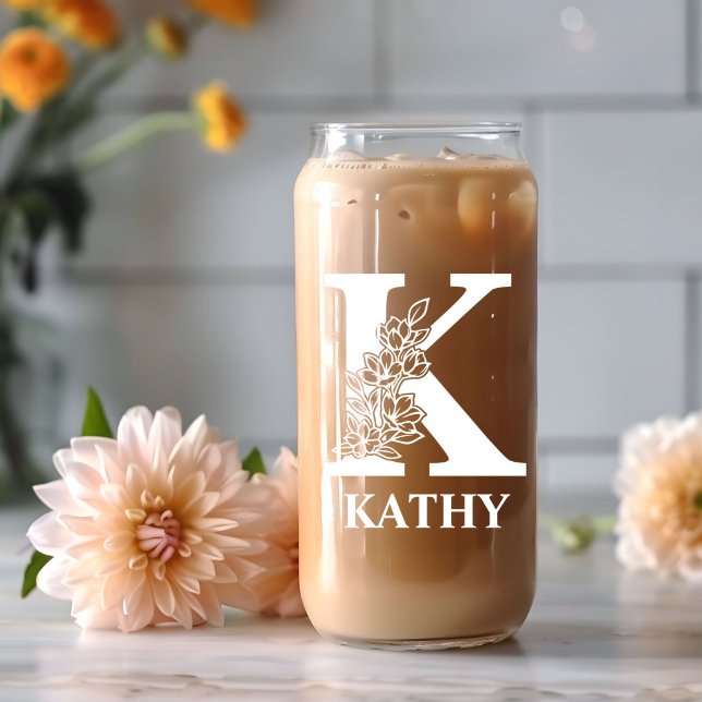 Floral Letter K Monogram Personalised Name White Can Glass (Creator Uploaded)