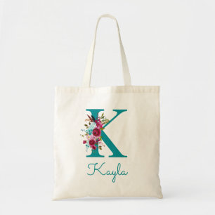Floral Letter K Script Monogram Teal Pink Tote Bag