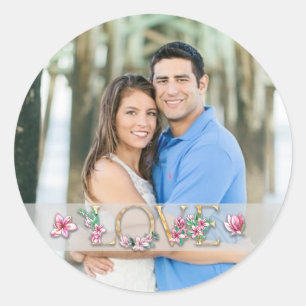 Floral Letter LOVE with Couples Photo Classic Round Sticker