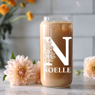 Floral Letter N Monogram Personalised Name White Can Glass