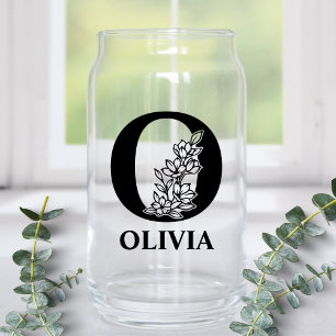 Floral Letter O Monogram and Personalised Name Can Glass