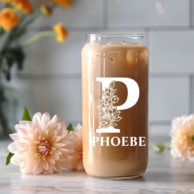 Floral Letter P Monogram Personalised Name White Can Glass (Creator Uploaded)
