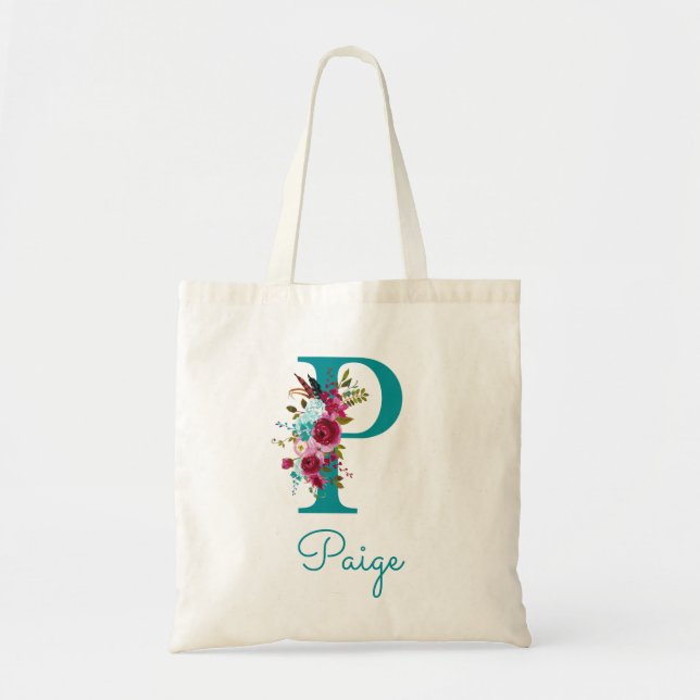 Floral Letter P Script Monogram Teal Pink Tote Bag (Front)