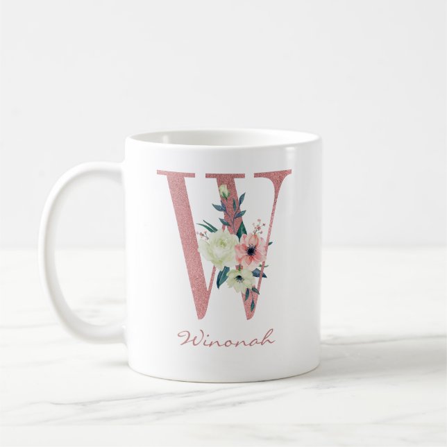 Floral Letter Pink Initial W Coffee Mug (Left)
