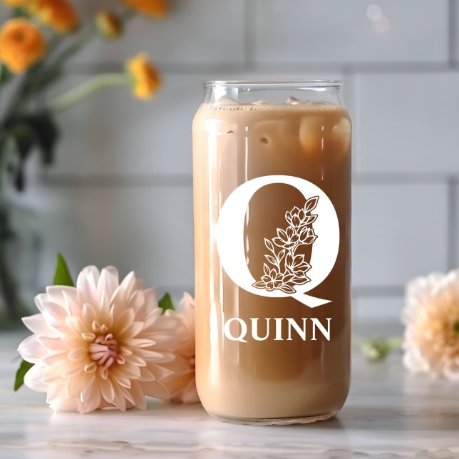 Floral Letter Q Monogram Personalised Name White Can Glass (Creator Uploaded)