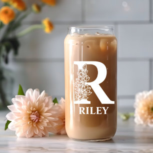Floral Letter R Monogram Personalised Name White Can Glass