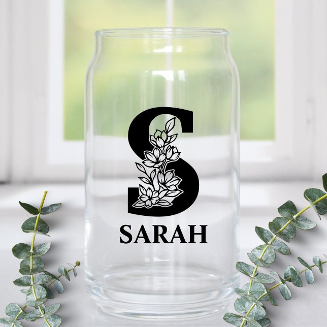 Floral Letter S Monogram and Personalised Name Can Glass (Creator Uploaded)