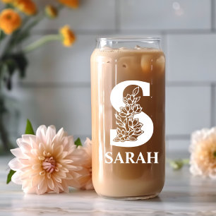 Floral Letter S Monogram Personalised Name White Can Glass