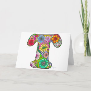 Floral Letter T Greeting Card - Blank Inside