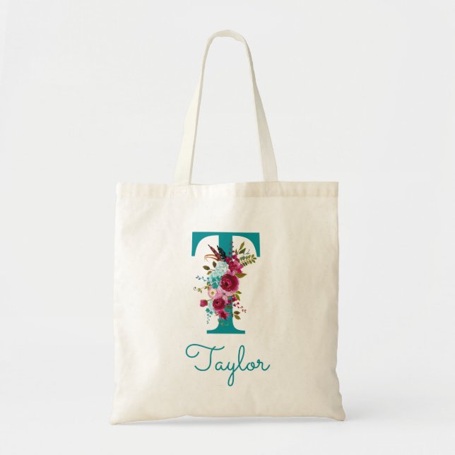 Floral Letter T Script Monogram Teal Pink Tote Bag (Front)