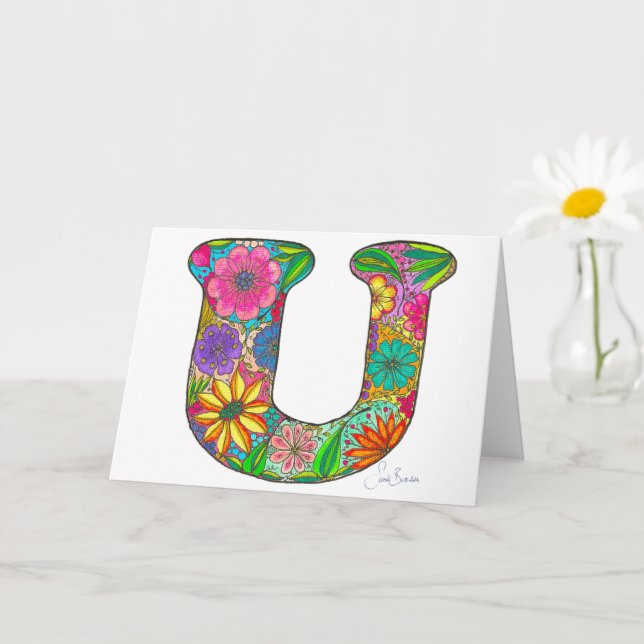 Floral Letter U Greeting Card - Blank Inside (Small Plant)