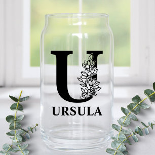 Floral Letter U Monogram and Personalised Name Can Glass