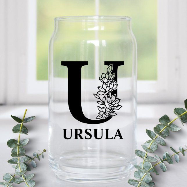 Floral Letter U Monogram and Personalised Name Can Glass (Creator Uploaded)